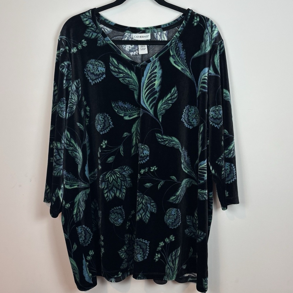 Catherines Velvet Floral Stretch blouse Women's 2X Tunic Winter Party‎ Workwear